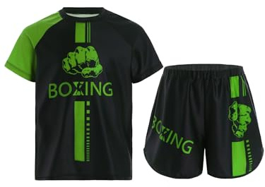 Freebily Boxare Träningsdräkt för barn och pojkar Muay Thailändsk MMA Kampsport Boxning Kortärmad T-shirt + Kick-Thai-shorts Tracksuit, Grön, 13-14 �r