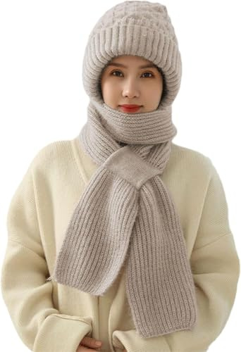 YJWZ Integrierter Gehörschutz Winddichte Mütze Schal,2 in 1 Winddichter Mützenschal Niedlich Mütze Schal Set Damen mit Brosche Winter Warm Strickmütze, Kapuzenschal für Frauen