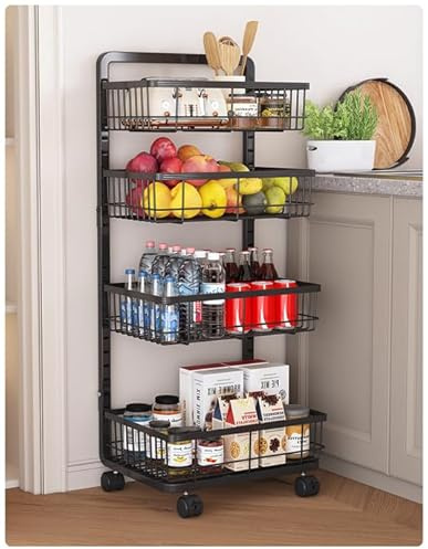 UMDONX Vegetable Storage Rack 4 Tier Metal Kitchen Trolley on Wheels, Fruit Veg Cart Organiser Shelfing Unit for Bathroom (Black Frame Height 9 cm)