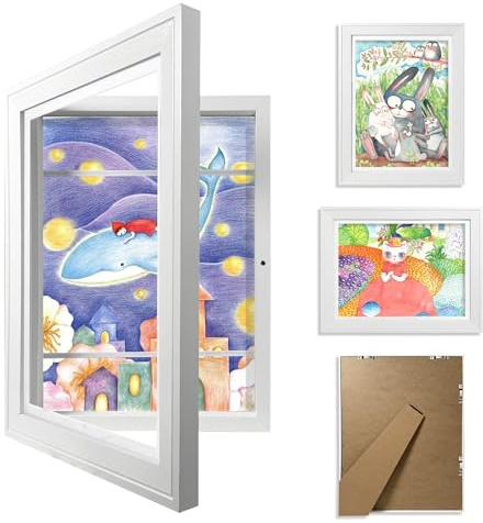 JAMAT HOME Bilderrahmen für Kinderzeichnungen A4- Rahmen aufklappbar für Kunst & Kunstwerke - Fotorahmen befüllbar zum Aufklappen & Wechseln-Din A4 Zeichnungen (Weiß)