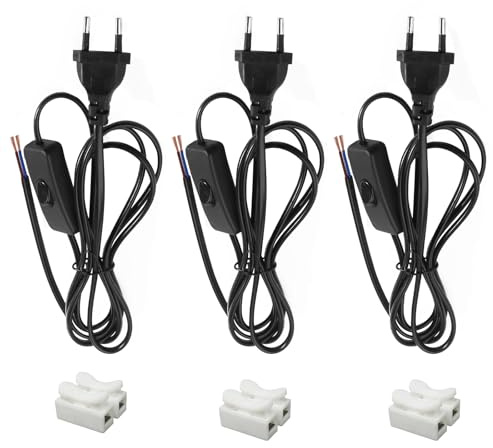 3 Pièces Cordon avec Interrupteur 1,8 m Câble de Connexion avec Fiche Noir | 2 x 0,5 mm²,2 x Câbles de Lampe avec Interrupteur pour Lampes, Lampes de Table, Lampadaires