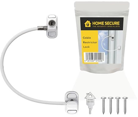 Home Secure™ Window Restrictor Child Lock for UPVC – Premium Key Locking Cable Window Security Device. Child Safety & Pet Prevention Lock. Screw Fixed for Added Security - White
