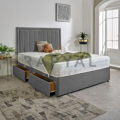 Divan Bed Superstore Luxe Divansäng i plysch + minnesfjädrad madrass + 61 cm sänggavel (grå, liten dubbel, inga lådor)