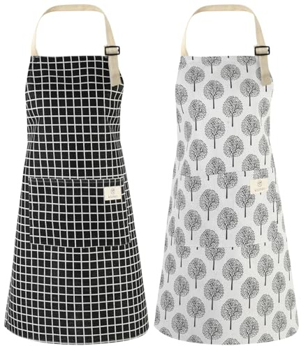 ViEinkaufen 2 Pack Apron for Women, Waterproof Kitchen Apron for Cooking, Adjustable Bib Aprons with 2 Pockets, Wipeable Bib Apron for Baking Grilling Household Cleaning Gardening(Black+Light Grey)