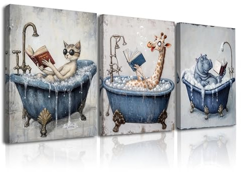 Piy Painting Leinwand Wandbilder, Tier Leinwand Gemälde, Katze Giraffe Nilpferd Wandbild Für Wohnzimmer Büro Badezimmer Eingang Flur, 3 Stück, 40x30 cm (90X40 CM) Eingebautem Holzrahmen