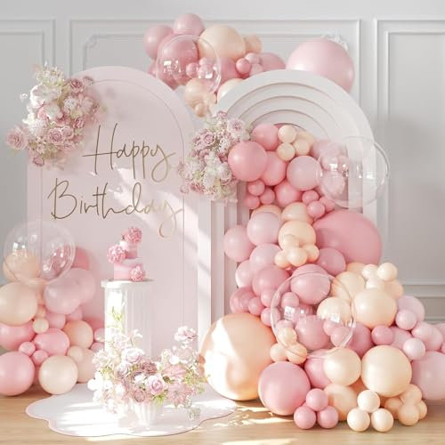 Kit Arco Palloncini Rosa Nudo, 113pcs Kit Ghirlanda Palloncini Rosa con Palloncini Rosa Macaron Trasparenti, Decorazioni Compleanno Ragazze Donne per Baby Shower Fidanzamento Anniversario Matrimonio