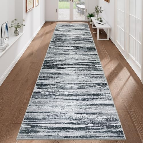VSIWB Grå matta, löpare, hall, 80 x 300 cm, halkfri, mjuk, tvättbar, konstgjord ull, kort lugg, kökslöpare, modern abstrakt för vardagsrum, sovrum, hall, entré och tvättstuga