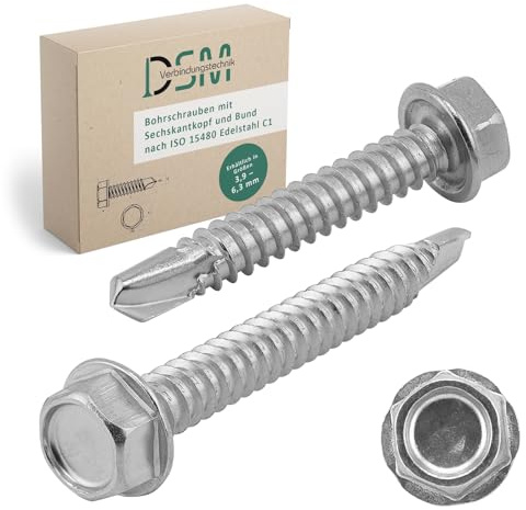 DSM – Vis auto-perceuse 6,3 x 25 mm à tête hexagonale ISO 15480 – Acier inox C1, auto-perçante, auto-taraudeuse & inoxydable – Pour tôle, aluminium, métaux doux & durs – Lote de 50