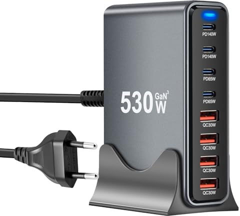 Caricatore USB C da 530 W, multiplo con 8 porte, GaN III USB, caricatore rapido multiplo con 4 X USB-C e 4 X USB-A, Power Delivery, stazione di ricarica USB C per MacBook Pro/Air, iPhone, iPad