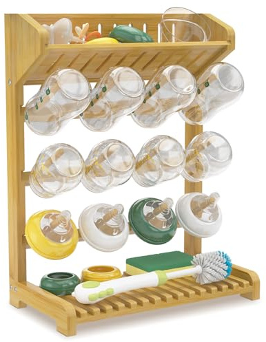 EsLuker.ly Baby Bottle Drying Rack Bamboo Vertical Dryer Holder, Space Saving for 12 Milk Glass Bottle Countertop, Wooden Drain Stand Shelf for New Parents