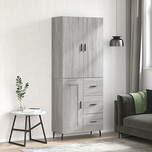 Qnhdfrt Highboard Grau Sonoma 69,5x34x180 cm, Sideboard mit Aufsatz aus Holzwerkstoff & Metallbeinen, Modernes Wohnzimmerschrank mit Viel Stauraum, Küchenbuffet für Flur Esszimmer