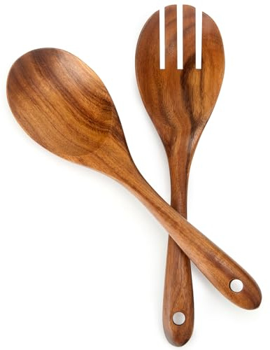 Teak Wood Spoon & Spork for Salad Serving, 10-Inch Wooden Servers Kitchen Utensils, (1 Spoon+1 Spork)