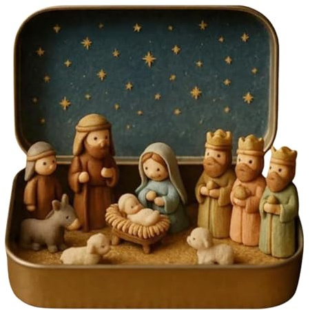 3D Mini Krippe Weihnachten Set Krippenfiguren,In Einer Metalldose,Tragbare Heilige Figuren Religiöser Schmuck,Nativity Scene Heilige Familie Jesus Figuren Ornamente,Klein Weihnachten Krippenszene