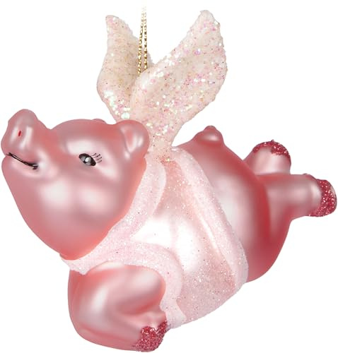 BRUBAKER Fliegendes Schwein - Weihnachtskugel aus Glas Schweinchen mit Engelsflügeln - Handbemalt & Mundgeblasen - Lustiger Christbaumschmuck Figuren - Deko Anhänger Baumkugel - 9 cm