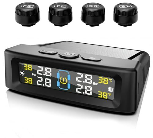 Gdnecad Tire Pressure Monitoring System, Wireless Tire Pressure Monitor with Solar/USB Charger & 4 External Sensors, 6 Alarm Modes Real-time LCD Display TPMS for Car Trailer Truck
