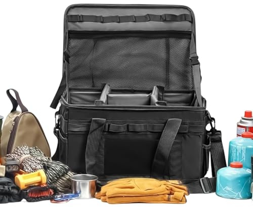 Sac de rangement pour équipement de camping 30 L – Sac de rangement pliable en toile robuste avec poignées, bandoulière et support de hache – Multifonction pour les voyages, les camping-cars, la