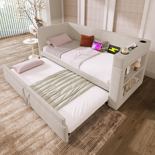 CelticHearth Stoppad dagsäng med utdragbar säng, 90 x 190 cm, linneblandning, beige, USB- och Type-C-laddningsport, mugghållare, utan madrass