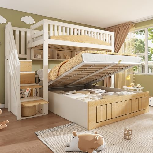 Kinder Holz Etagenbett 90x200 & 140x200 cm mit hydraulischem Stauraum Treppenschrank Sicherheitsgeländer und USB‑C Anschluss, versetztes Familienbett für mehrere Kinder in Weiß&Natur, ohne Matratze