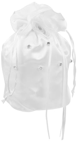 Mikikit Borsa da Sposa per Facile Chiusura Bianco in Tessuto Satinato con Decorazioni a Cristallo, Design a Coulisse Raffinata e Delicata per Cerimonie Nuziali e Confezionamento