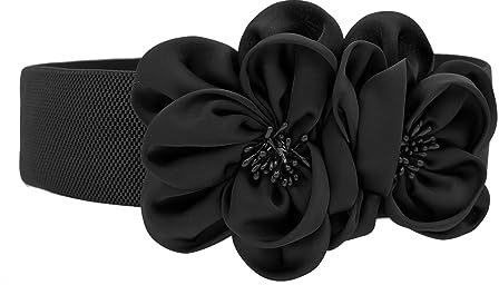 TeeYee Damen Mädchen Große Blumen Decor Schnalle Einstellbar Elastische Breite Gürtel (schwarz)