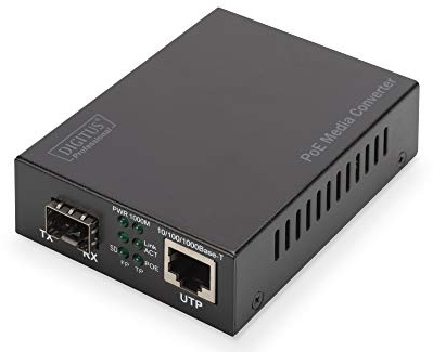 DIGITUS Gigabit Medienkonverter – RJ45 zu SFP-Port – Wellenlänge 1310nm | 10/100/1000 Mbps – Mit 30W PoE-Injektor – 80 km Reichweite – Kupfer auf Glasfaser – IEEE802.3at – Schwarz