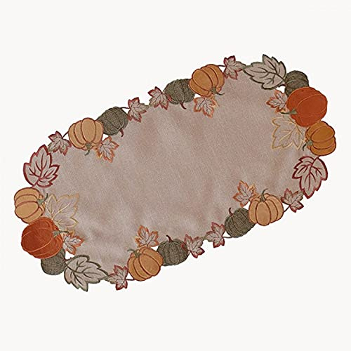 Tischdecke Mitteldecke Tischläufer Deckchen Aufleger Herbst beige Lurexfäden Bestickt mit Kürbis Motiv (35 x 70 cm)