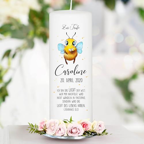 Wandtattoo Loft Taufkerze Junge Mädchen mit Taufspruch, Motiv Hummel Biene, 25cm x 8cm, personalisierte Kerze, bedruckte Kerze Taufe, Stumpenkerze, individuelles Taufgeschenk