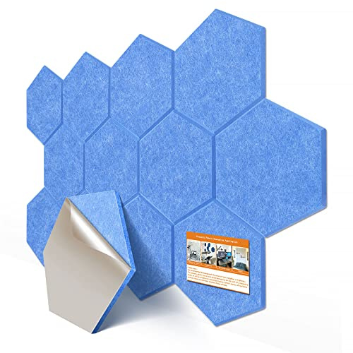 Dekiru Lot de 12 panneaux acoustiques hexagonaux auto-adhésifs en mousse insonorisante, 35,6 x 33 x 1,1 cm, panneaux muraux insonorisants pour bureau, plafond et porte (bleu)