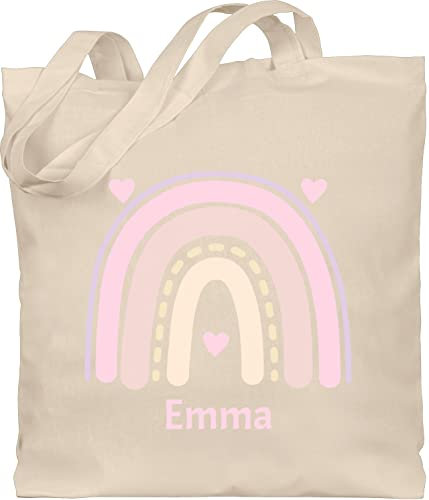 Baumwolltasche - Boho - Regenbogen - Herzchen Name - Unisize - Naturweiß - stofftaschen für kindergarten kinder stoffbeutel bohemian chic stil beutel stofftasche klein jutebeutel kita individuell