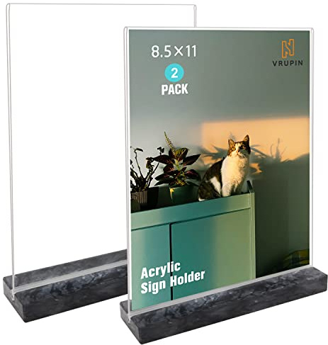 vrupin 2 Pack 8.5x11 Acrylic Sign Holder, A4 Acrylic Frame Natural Marble Base, Clear Plastic Sign Holder Picture Photo Frames, Flyer Document Paper Display Stand for Office Desktop (black marble)
