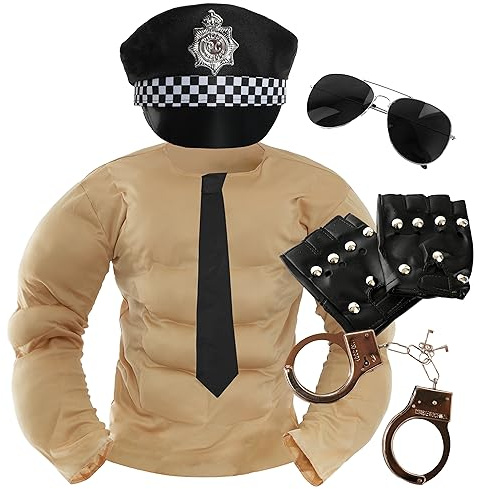 Erwachsene Polizei Stripper Kostüm - Standardgröße - Beige Muskel-Brust-Top, Fliegerbrille, schwarze Krawatte, Polizeimütze, Handschuhe und Handschellen - Perfekt für Junggesellenabschiede und andere