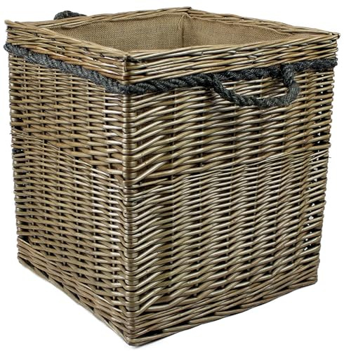 Grande cesto per legna in vimini grigio anticato, manici in corda, contenitore per legna e legna per camino, o scarpe, giocattoli, biancheria (80 litri, quadrato)
