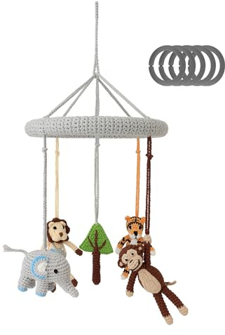 SindiBaba 4in1 Baby-Mobile SAFARI 1 gehäkelt, Affe Löwe Tiger Elefant Baum, mit Rasseln & Befestigungsringen, 1 Spielzeug 4 Funktionen, zum Aufhängen über Wickeltisch Kinderbett Spielbogen Playgym