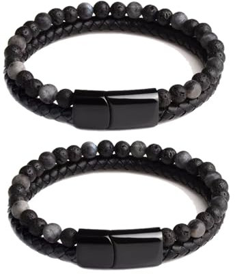 SPAYEIM Natürlicher Achat Stein Leder Perlenarmband, Herren Lederarmband für Männer Frauen Natürlicher 6mm Stein Verstellbarer Magnetverschluss Armband, Dad Schmuck für Männer (C 23cm/9in)