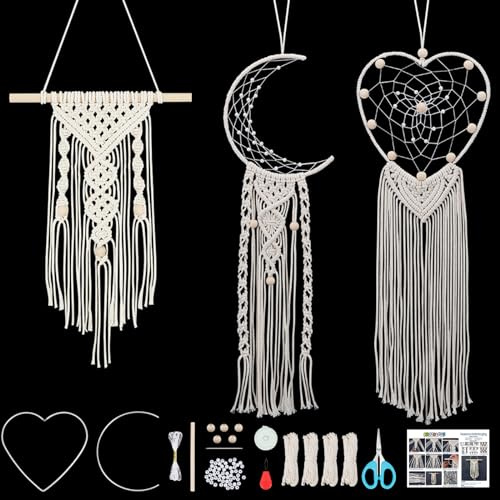 FREEBLOSS 3 Set Makramee Traumfänger Set, Boho Makramee Traumfänger, DIY Makramee Wandbehang Mit Video Tutorial, Boho Hochzeit, Party Dekoration, Zuhause, Baby, Kinderzimmer, Dekorationen