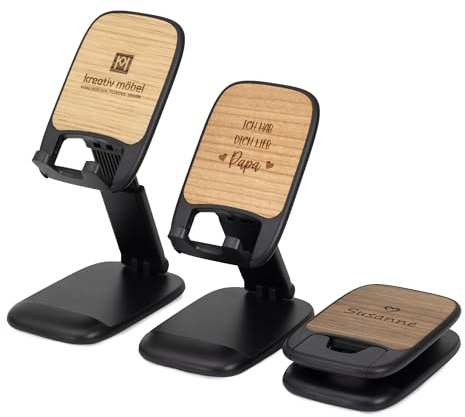 STREIFHOLZ Handy Halter Ständer aus Holz verstellbar mit Gravur personalisiert Tablet Ständer mit Gravur, Smartphone Ständer individuell graviert mit Logo, Namen, Motiv uvm.