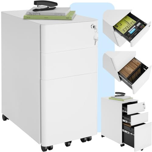 tectake® Büro Metall Aktenschrank mit Rollen, abschließbare Kommode mit Schubladen für Schreibtisch, Rollcontainer, Schubladenschrank, Organzier, Rollwagen Schrank abschließbar (weiß)