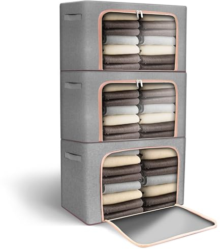 OurLeeme Clothes Storage Bags 3 Pack Foldable Storage Box 24L Wardrobe Clothes Storage Organiser with Zip and Lid Organizer for Moving House Thick Oxford Storage Boxes Fabric for Clothes Toys