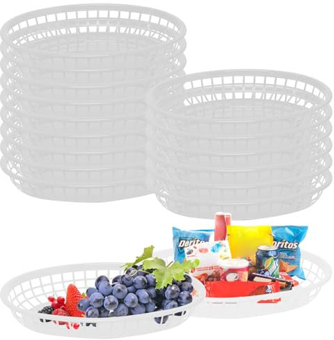 Pasdrucn 15 Stück Kunststoff Fast Food Körbe, Pommes Körbchen Lebensmittelkörbe, Wiederverwendbar Oval Plastik Servierplatte, Bread Leavening Basket, Snackteller für Pommes Frites Garnelen (Weiß)