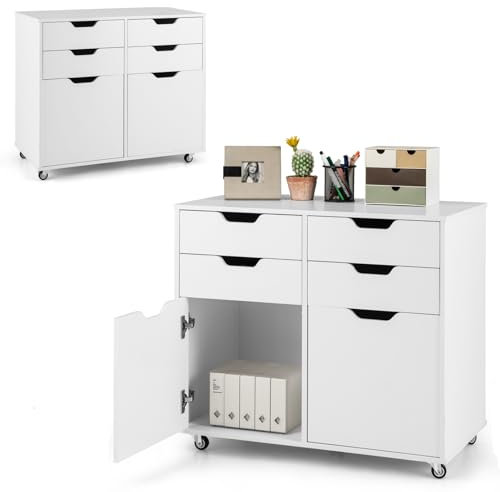 KOMFOTTEU Aktenschrank mit 5 Rollen, Rollcontainer mit 4 Schubladen & 2 Schränken mit Türen, Bürocontainer aus Holz, Schubladenschrank Bürowagen Druckertisch für Büro, Wohnzimmer (Weiß)