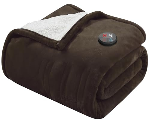 GOTCOZY Ein-Knopf-Heizdecke 130x180cm mit Abschaltautomatik Braun | 10 Heizstufen,9 Stunden Timer,Wärmedecke Elektrisch,Weicher Flanell Kuscheldecke für Bett&Büro Waschbar