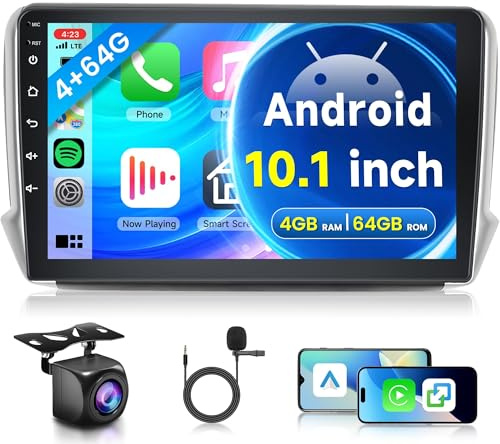 Rimoody 4G 64G Android Car Stereo for Peugeot 208 2008 2012-2018 with Wireless Carplay Android Auto, 10.1 Inch Touch Screen Car Radio with GPS Bluetooth FM RDS WiFi Backup Camera