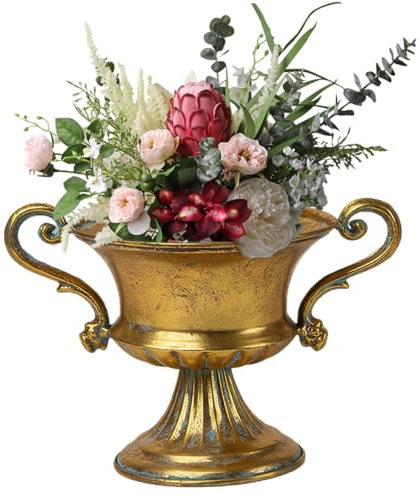 Metal Vase 6 Inch Vintage Trophy-Shaped Golden Color Iron Pedestal Vase with Handle DIY Friendly Decorative Flower Pot for Centerpiece, Wedding, Banquet, Party Metal