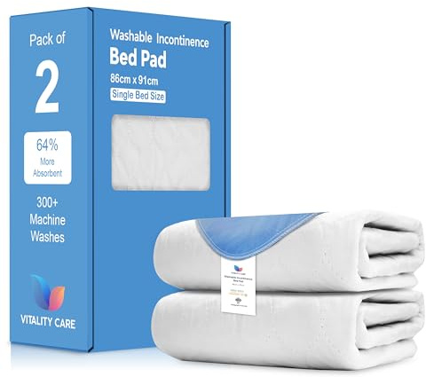 Vitality Care Washable Incontinence Bed Pads, Waterproof Mattress Protector, Absorbent Pads for Adults, White, 86 x 91 cm, Pack of 2
