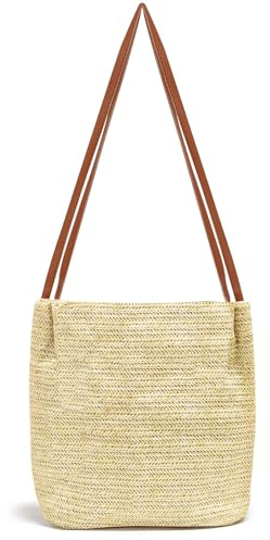KUKUPOW Geflochtene Tasche, Strohtasche, Basttaschen Damen Sommer, Sommer Reise für Urlaub am Strand, Karabiner Damen Casual M, braun