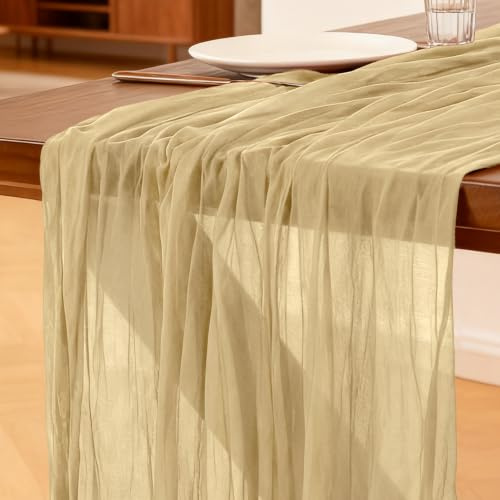 Cheesecloth Table Runner Champagne, 300 x 90 CM Table Runner Bohemian-style Gauze Rustic Gauze Fabric Tablecloth for Wedding, Parties, Christmas and New Year's Eve Table Decoration