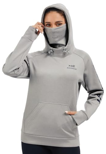 BASSDASH Women’s Fleece Fishing Hoodie with Neck Gaiter Water Resistant Performance Hiking Sweatshirt Pullover Light Heather Grey