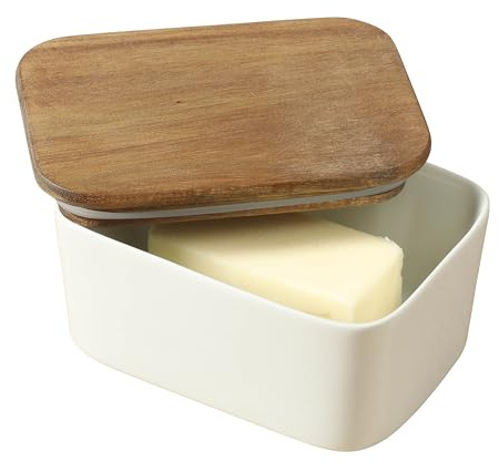 Gibson Home Bristlewood Rectangular Ceramic Butter Keeper with Acacia Wood Lid, Modern Farmhouse Butter Dish, Glazed Stoneware Storage for Kitchen Countertop or Table