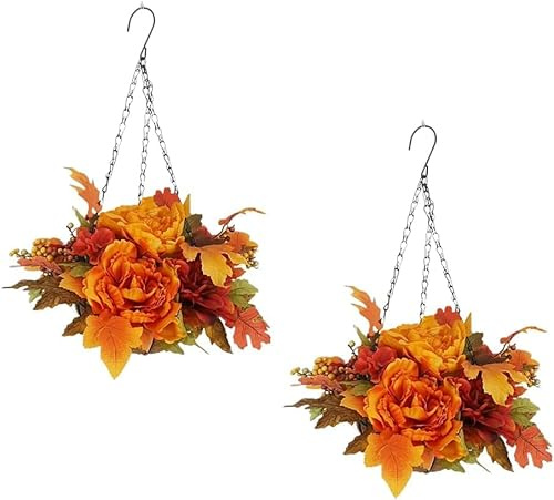 JOYWU Artificial Fall Flowers with Hanging Basket for Outdoor Decoration,2 Set 45cm Red Yellow Orange Eucalyptus Daisy Fern Fake Plants in Hanging Planter for Autumn Porch Garden Patio Yard Decor (C)