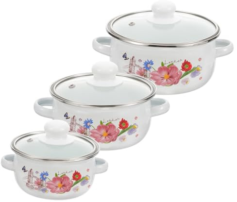Toyvian 3Pcs Enamel Kitchen Cooking Pot Double Handle Vintage Flower Pattern Stockpot High Temperature Resistant Household Stew Pot for Home Restaurant Camping